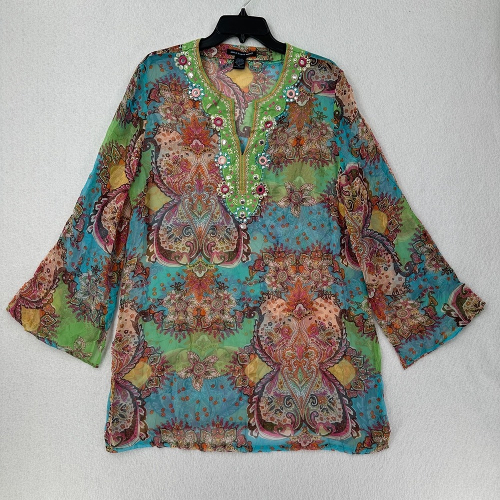 Saint Tropez West 100% SILK Sheer Tunic SIZE XL Top‎ Artsy Floral Beaded